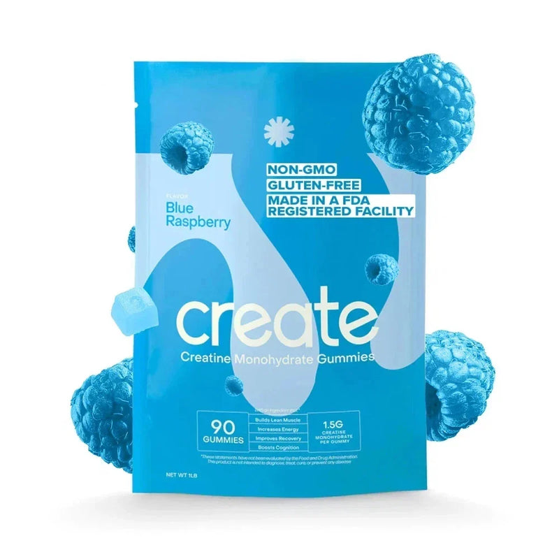 Spacewallart Create Creatine Monohydrate Gummies in blue raspberry flavor, 90 count, sealed bottle with colorful gummies visible.