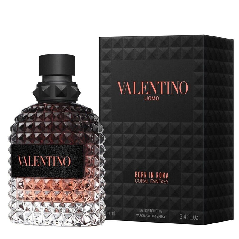 Valentino Uomo Born In Roma Coral Fantasy Eau de Toilette for Men, 3.4 oz, with coral-colored bottle and sleek design