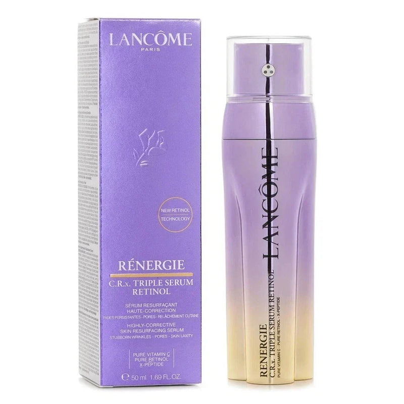 Lancôme Rénergie CRX Triple Serum Retinol bottle, 1.7 oz, featuring sleek packaging and dropper for anti-aging skincare.
