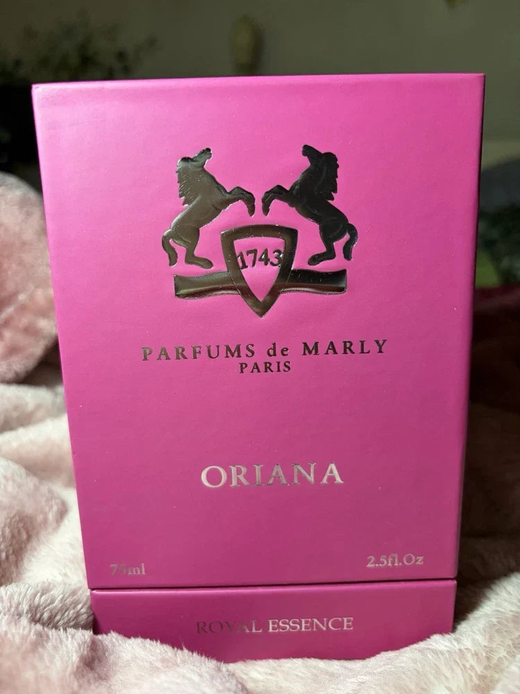 Eau de Parfum spray bottle of Parfums de Marly Oriana for women, 75 ml, with elegant packaging and gold accents.