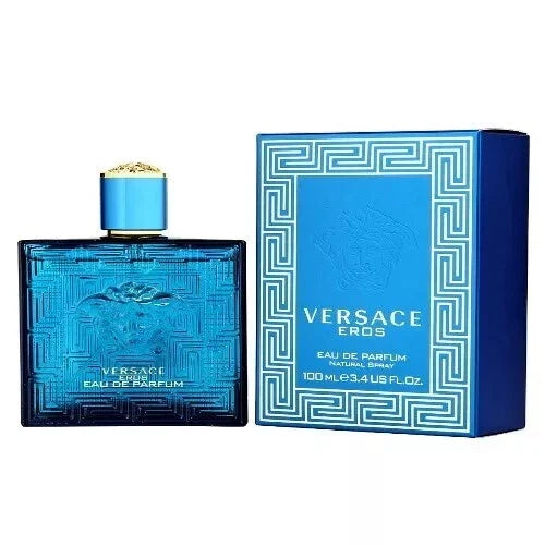 Versace Eros Eau de Parfum for Men in 3.4 oz bottle, featuring sleek design and elegant packaging.