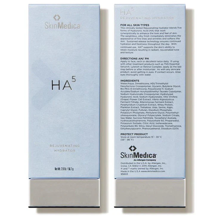 SkinMedica HA5 Rejuvenating Hydrator 2 oz hyaluronic acid moisturizer in sealed packaging, designed for skin hydration and rejuvenation.