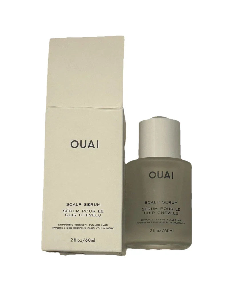 OUAI Scalp Serum for thicker, fuller hair, 2 oz, in a sleek bottle with applicator for nourishing scalp treatment.