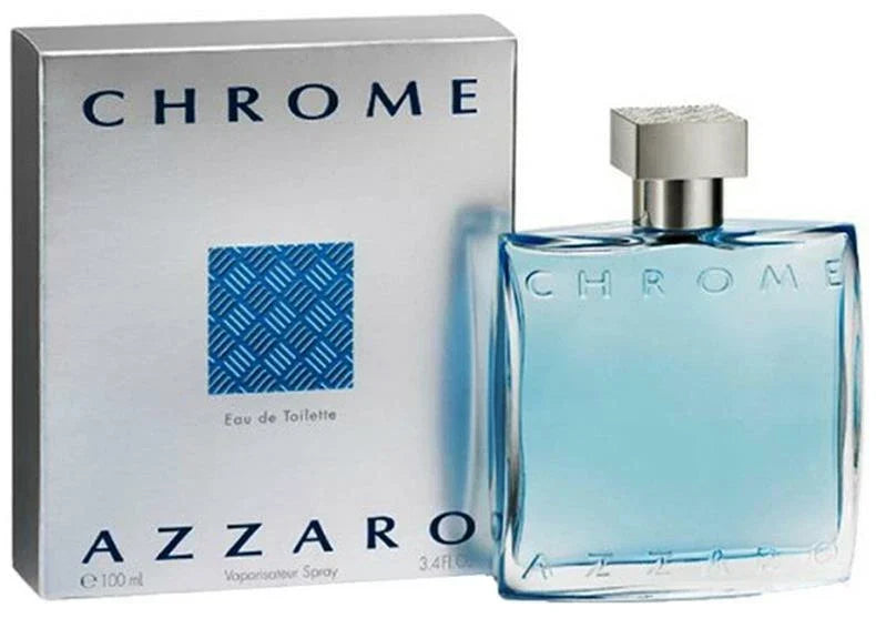 Azzaro Chrome Eau de Toilette for Men 3.3 oz bottle with sleek silver design, displayed on a neutral background.