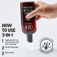 American Crew 3-in-1 Tea Tree Shampoo, Conditioner & Body Wash bottle, large 33.8 fl oz size, with green label and product details visible.