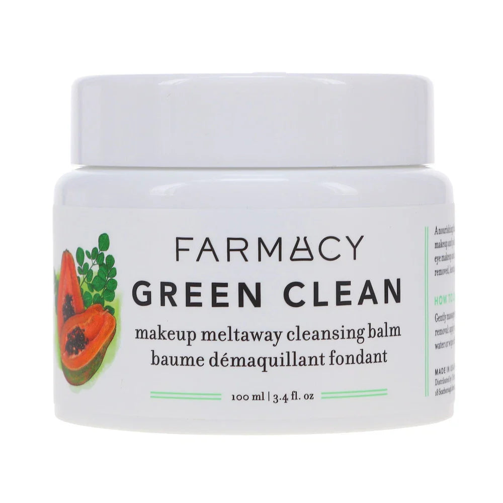 Spacewallart Farmacy Green Clean Makeup Meltaway Cleansing Balm in 3.4 oz jar, creamy green balm for gentle makeup removal and skin cleansing.