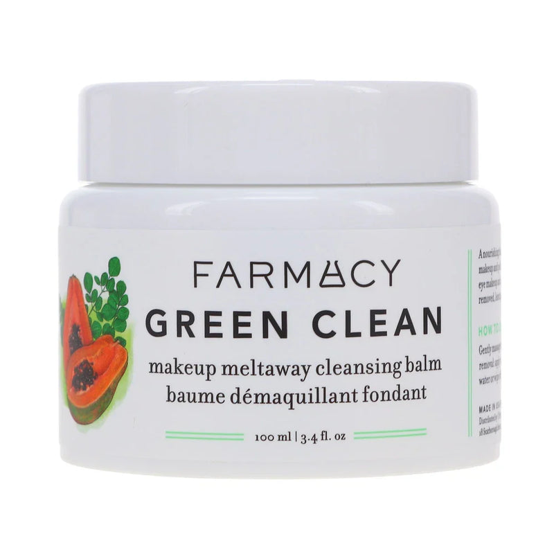 Spacewallart Farmacy Green Clean Makeup Meltaway Cleansing Balm in 3.4 oz jar, creamy green balm for gentle makeup removal and skin cleansing.
