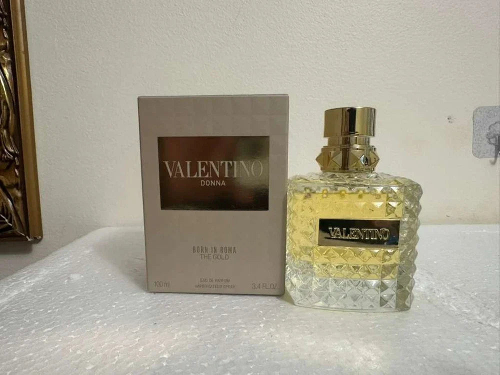 Valentino Born In Roma The Gold Donna Eau de Parfum bottle with gold accents, 3.4 oz / 100 ml, sealed and new.