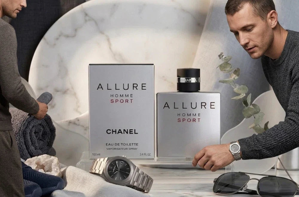 Sealed Chanel Allure Homme Sport Eau de Toilette for Men 3.4 oz bottle with sleek packaging and branding visible.