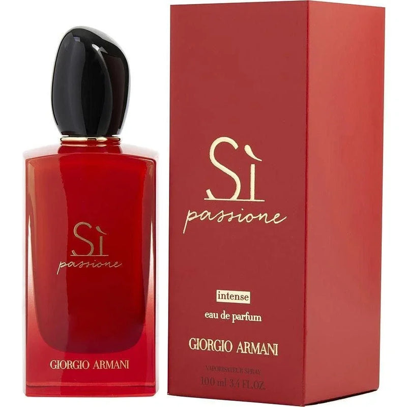 Giorgio Armani Si Passione Intense Eau de Parfum for Women in 3.4 oz bottle, elegant glass perfume bottle with a deep red hue