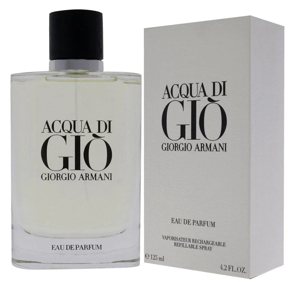 Giorgio Armani Acqua Di Gio Eau de Parfum for Men bottle with sleek design, 4.2 oz refillable glass container, and minimalist label.