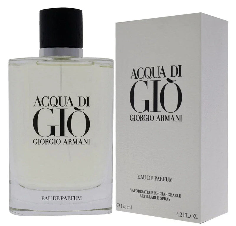 Giorgio Armani Acqua Di Gio Eau de Parfum for Men bottle with sleek design, 4.2 oz refillable glass container, and minimalist label.