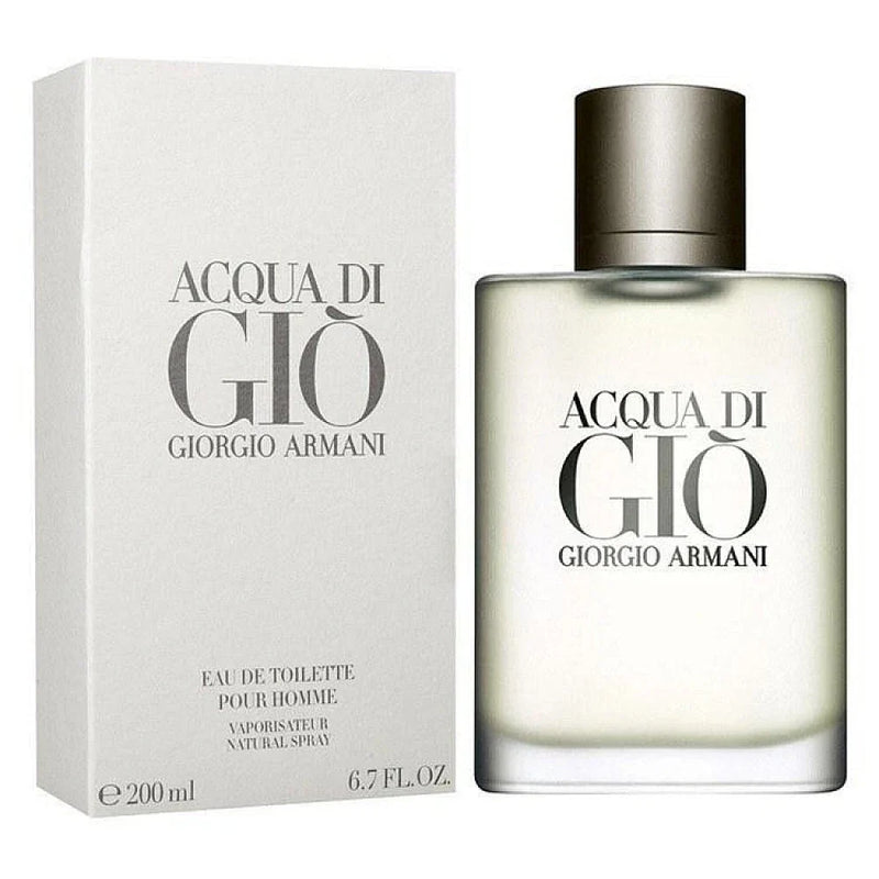 Giorgio Armani Acqua Di Gio Eau de Toilette for Men in 6.7 oz bottle, featuring sleek packaging and Armani branding.