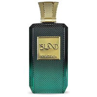 Khadlaj Island Extrait de Parfum spray for unisex, 3.4 oz, in a sleek glass bottle with a black cap, on a neutral background.