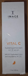 Image of Image Skincare Vital C Hydrating Antioxidant A C E Serum in a 1 fl oz bottle, showcasing a sleek, clear glass container with a dropper.