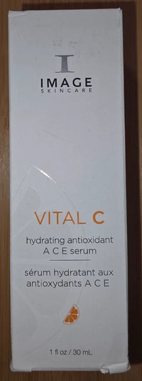 Image of Image Skincare Vital C Hydrating Antioxidant A C E Serum in a 1 fl oz bottle, showcasing a sleek, clear glass container with a dropper.
