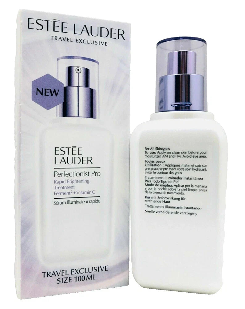 Estée Lauder Perfectionist Pro Rapid Brightening Treatment with Vitamin C in a 3.4 oz bottle, designed for radiant skin.