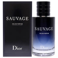 Christian Dior Sauvage Eau de Parfum for Men bottle with 3.4 oz size, sleek design, and dark-colored packaging.