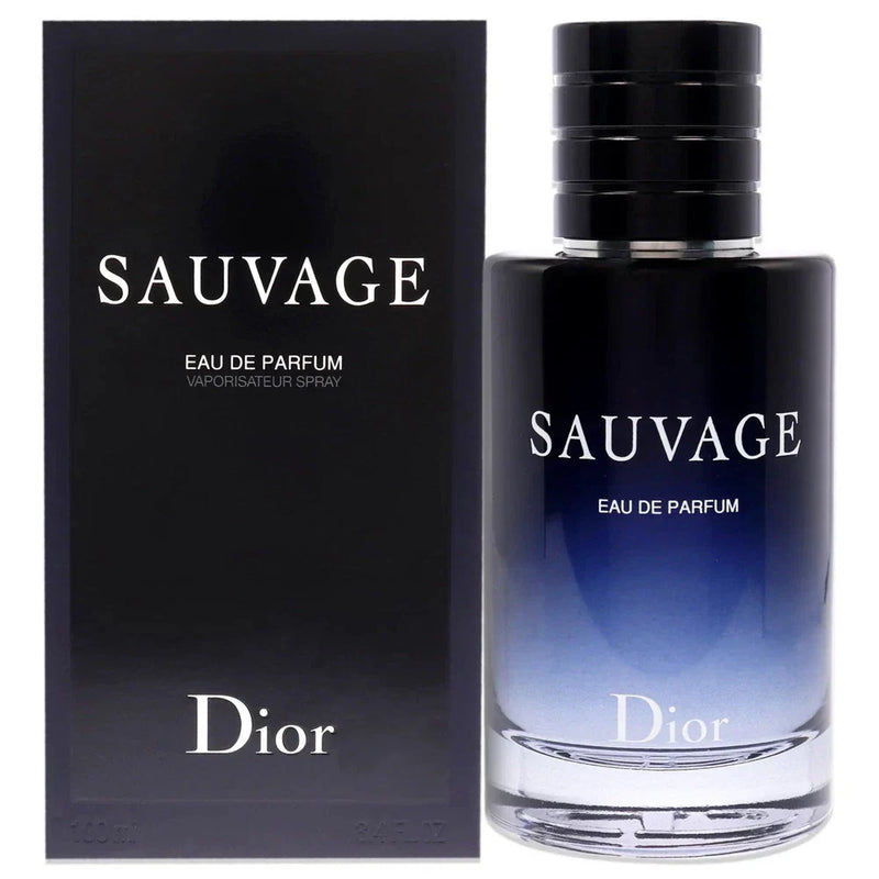 Christian Dior Sauvage Eau de Parfum for Men bottle with 3.4 oz size, sleek design, and dark-colored packaging.
