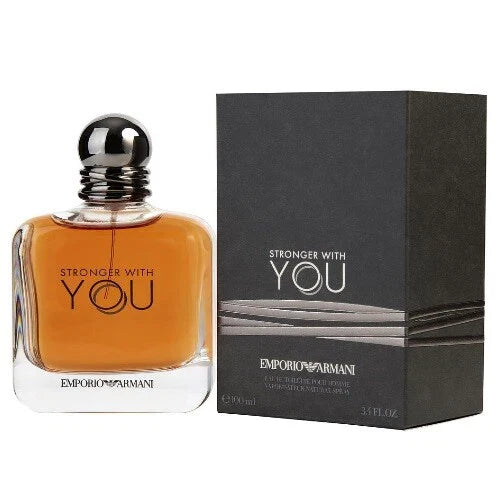 Emporio Armani Stronger With You men's Eau de Toilette spray bottle, 3.4 oz, featuring sleek packaging and cologne design