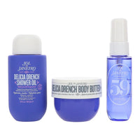 Travel size Sol de Janeiro Delicia Drench Jet Set body care collection in a sleek container, featuring deep moisturizing body products.