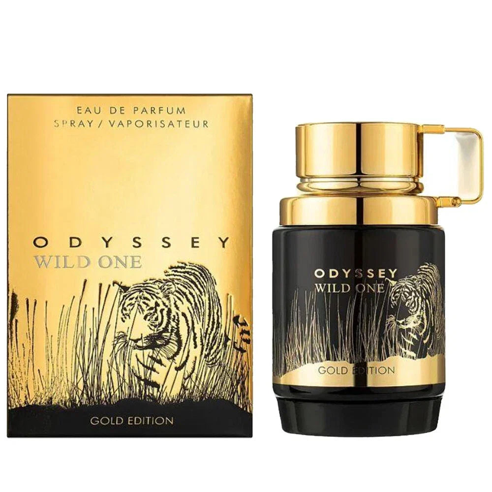 Armaf Odyssey Wild One Gold Edition Eau de Parfum for Men in a 3.4 oz bottle, featuring a sleek metallic gold design.