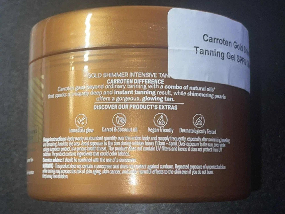 Carroten Gold Shimmer Intensive Tanning Gel by Spacewallart, 5.07 oz, with shimmering pearls for sun tan acceleration, made in Greece.