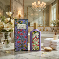 Gucci Flora Gorgeous Magnolia Eau de Parfum for women, 3.3 oz, elegant floral bottle with colorful floral design.