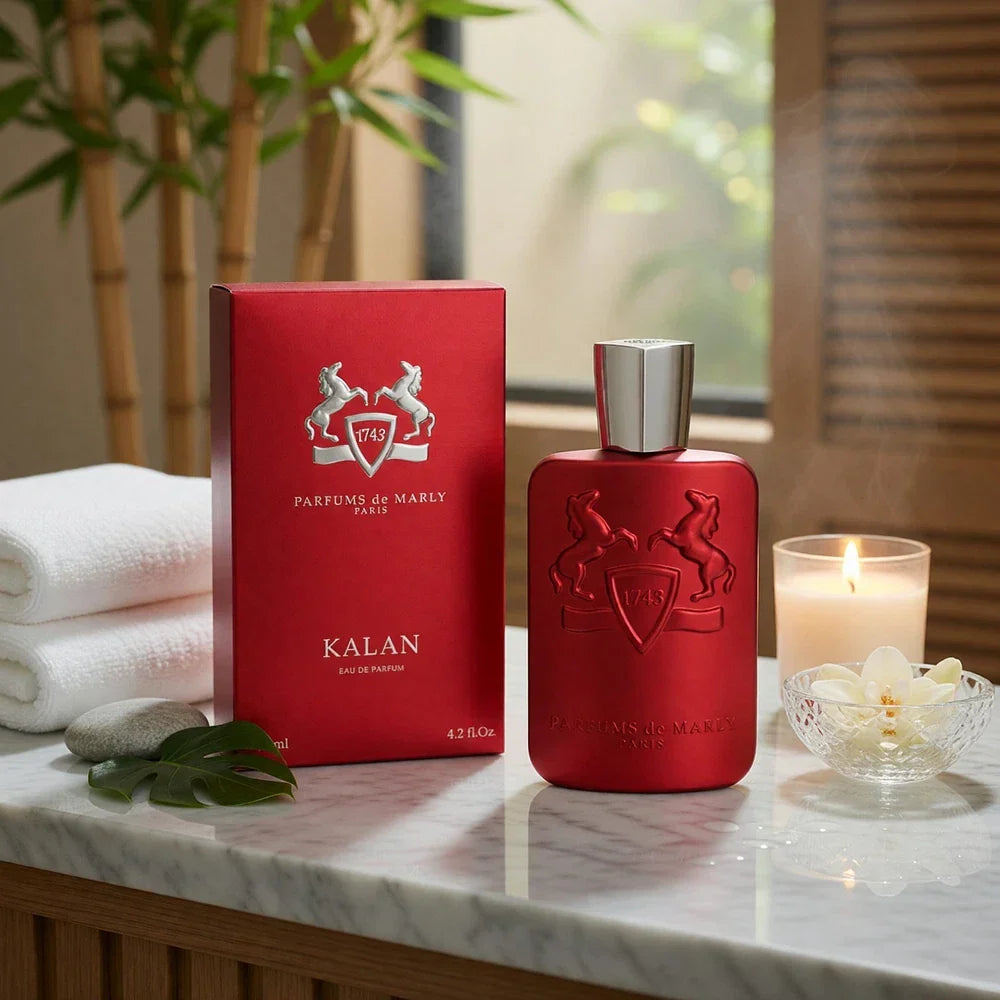 Parfums de Marly Kalan Eau de Parfum spray for men, 4.2 oz, featuring sleek bottle and luxurious fragrance presentation.