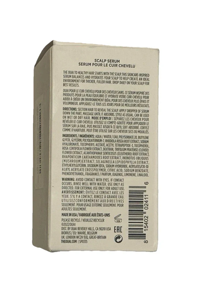OUAI scalp serum for thicker, fuller hair by Spacewallart, featuring a 2 oz bottle with a dropper applicator and sleek packaging.