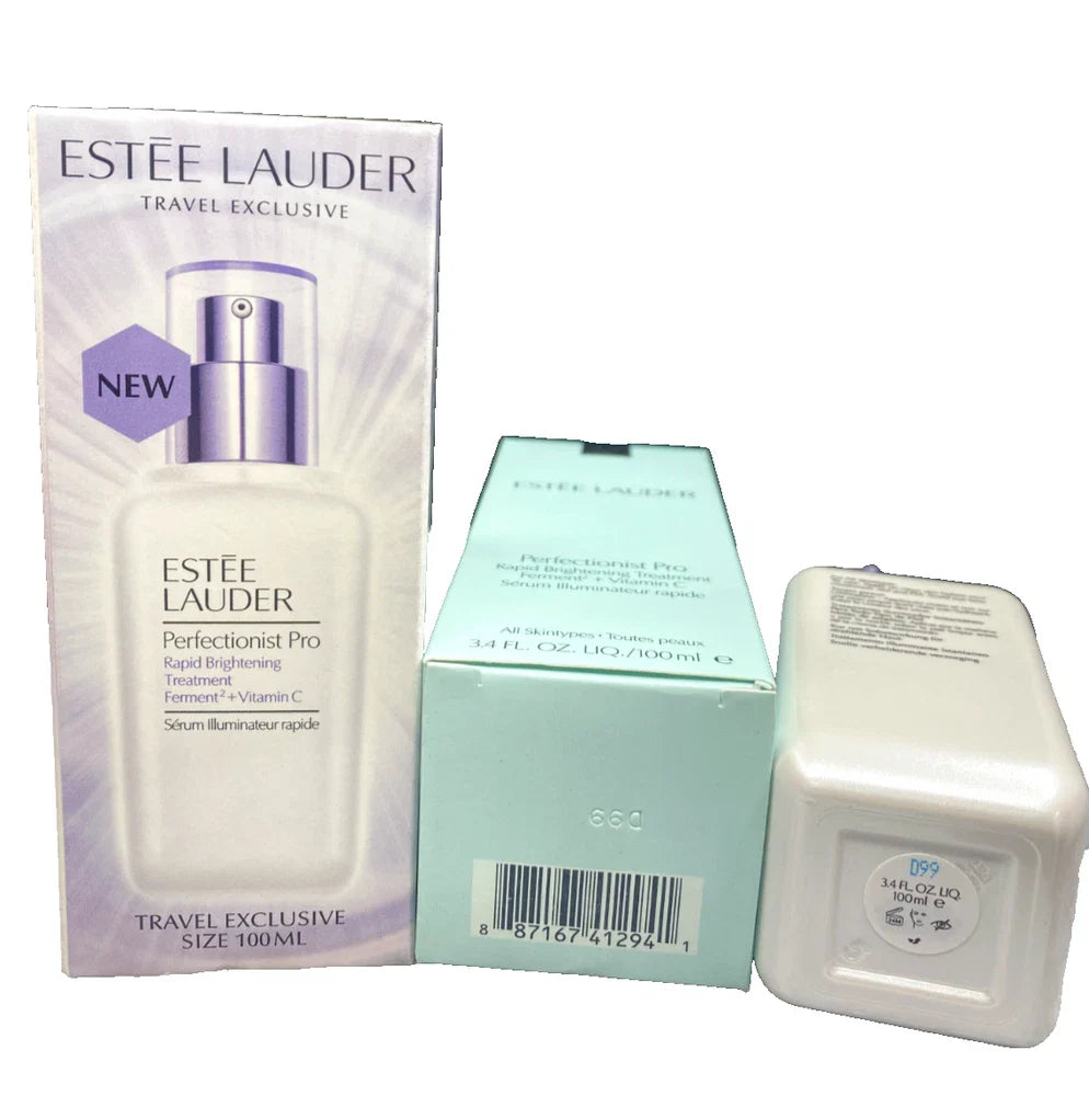 Estée Lauder Perfectionist Pro Rapid Brightening Treatment with Vitamin C in a 3.4 oz bottle, featuring a sleek skincare design.