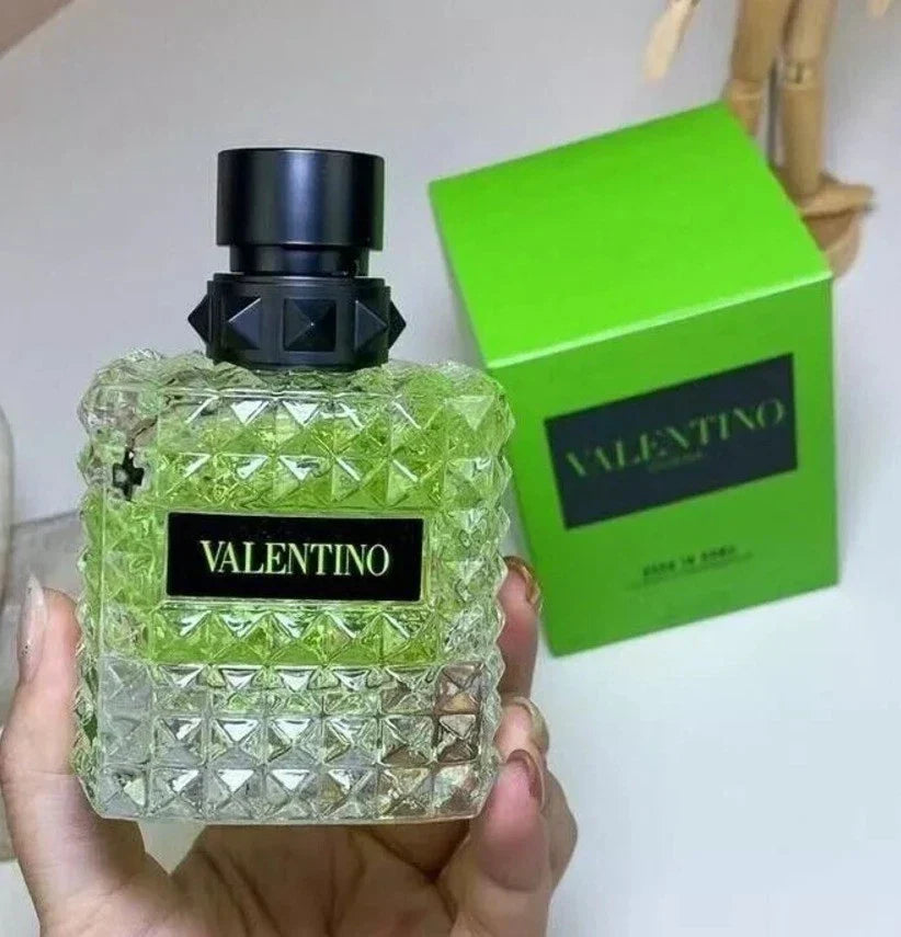 Valentino Donna Born In Roma Green Stravaganza Eau de Parfum for women, 3.4 oz, with a sleek green perfume bottle.