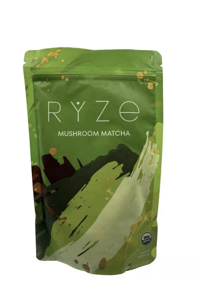Organic RYZE Mushroom Matcha green tea powder with adaptogenic mushrooms, 300g, 30 servings, for beauty and wellness.