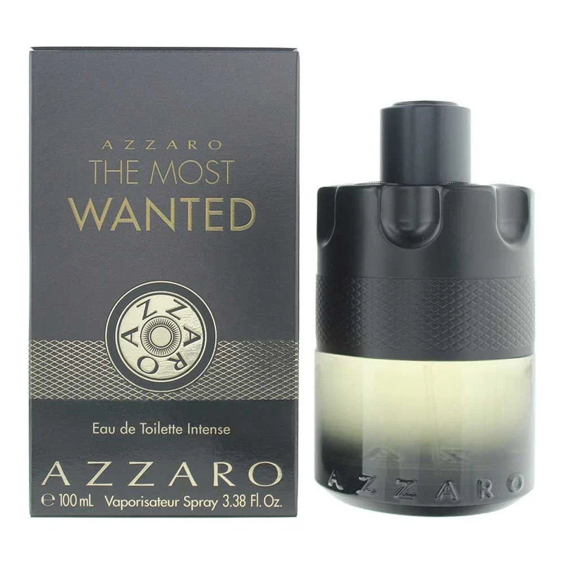 Azzaro The Most Wanted Eau de Toilette Intense for Men bottle in black with silver accents, 100 ml, displayed on a neutral background.