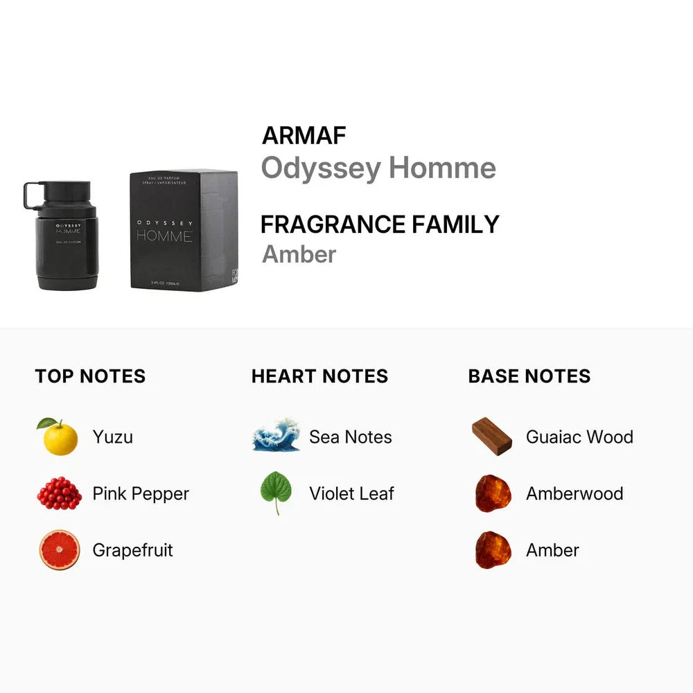 Armaf Odyssey Homme Eau de Parfum for Men in 3.4 oz bottle, featuring sleek packaging and stylish design.