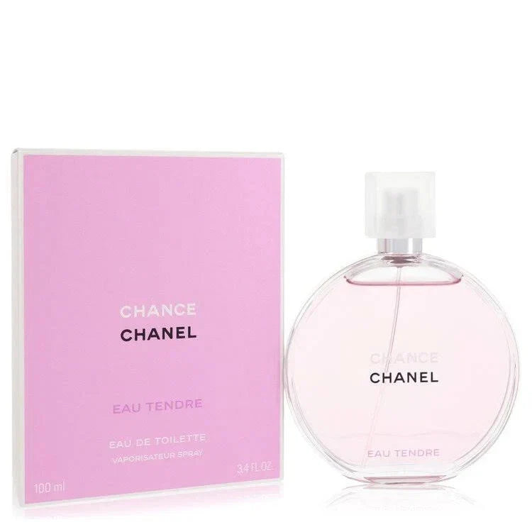 Chanel Chance Eau Tendre Eau de Toilette for Women, 3.4 oz, sealed bottle, featuring elegant glass bottle with soft pink liquid.