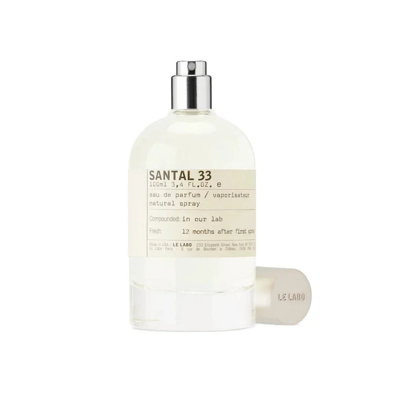 Le Labo Santal 33 Eau de Parfum unisex bottle displayed, 3.4 oz / 100 ml, authentic fragrance with no box, by Spacewallart.