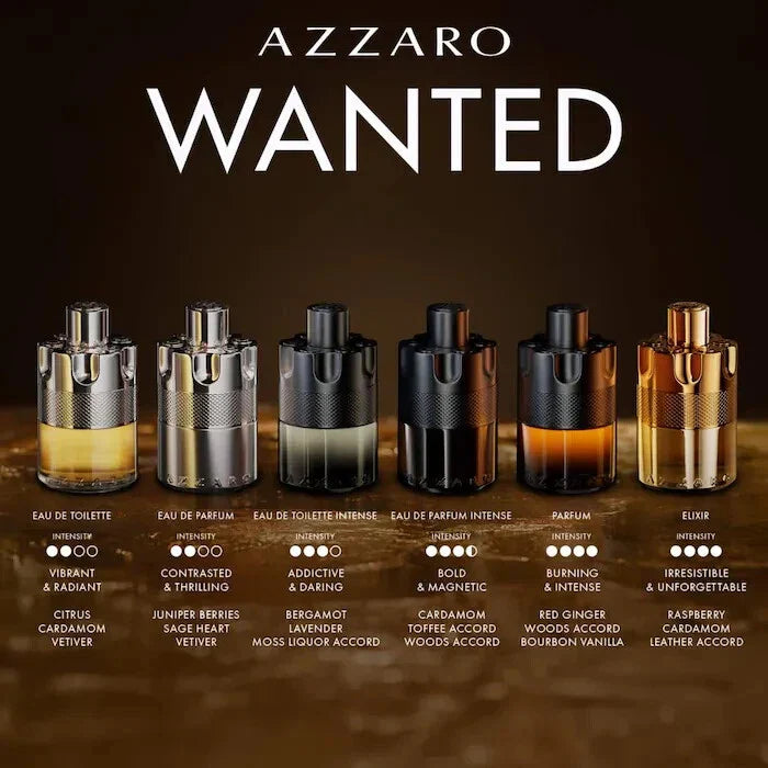 Azzaro Forever Wanted Elixir Eau de Parfum for Men in 3.4 oz bottle, sleek glass design with black and gold accents.