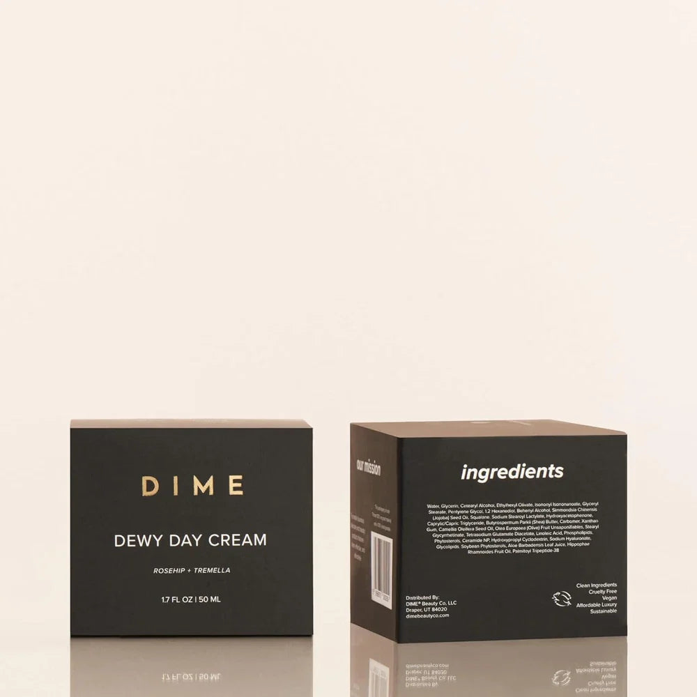 DIME Beauty Dewy Day Cream with rosehip oil and snow mushroom, morning face moisturizer in a 1.7 oz jar, natural skincare product.