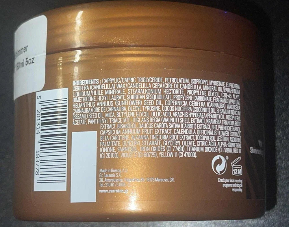 Carroten Gold Shimmer Intensive Tanning Gel by Spacewallart with shimmering pearls, 5.07 oz, sun tan accelerator, made in Greece