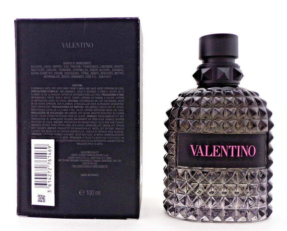 Valentino Uomo Born In Roma Eau de Toilette for Men in 3.4 oz bottle, featuring sleek packaging and elegant design.