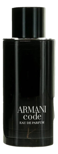 Giorgio Armani Armani Code Eau de Parfum for Men in 4.2 oz bottle, elegant glass container with dark liquid and stylish cap.