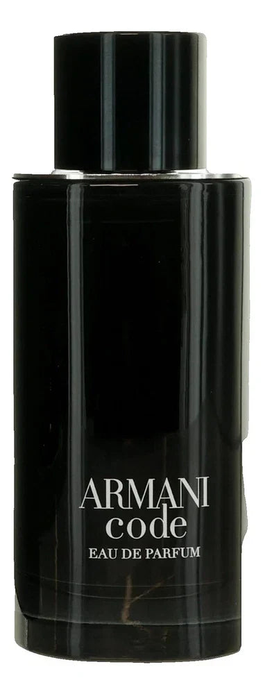 Giorgio Armani Armani Code Eau de Parfum for Men in 4.2 oz bottle, elegant glass container with dark liquid and stylish cap.