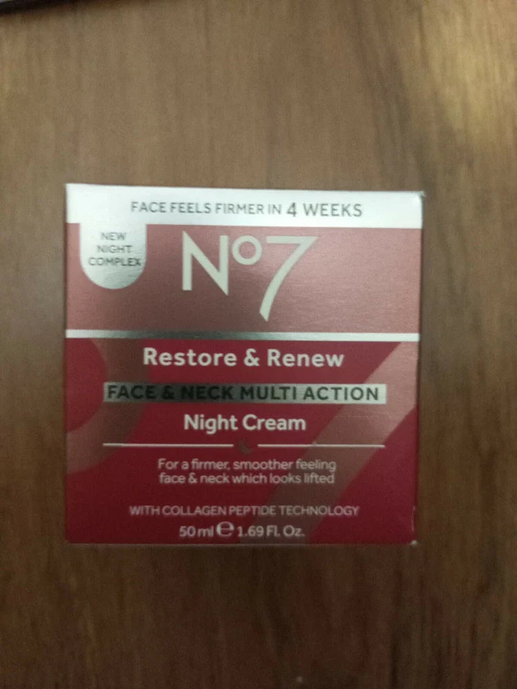 No7 Restore & Renew Multi Action Night Cream jar showing the anti-aging moisturizer container with branding and product label.
