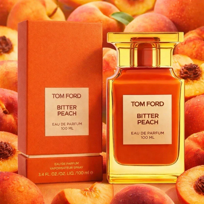 Tom Ford Bitter Peach Eau de Parfum bottle, sleek design and sealed packaging, unisex fragrance in 1.7 oz or 3.4 oz size