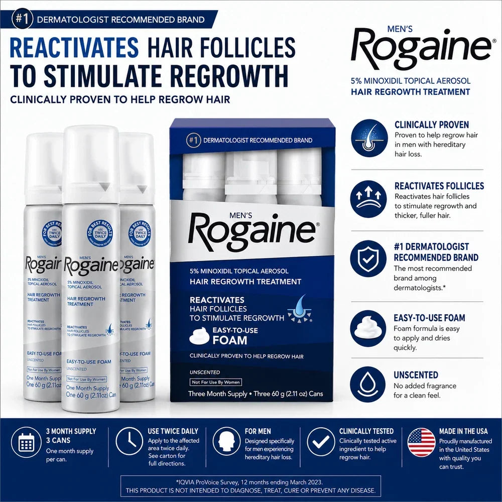 Men's Rogaine 5% Minoxidil foam by Spacewallart, 3 x 60g bottle, showing the foam dispenser and product packaging.