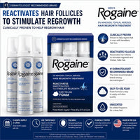 Men's Rogaine 5% Minoxidil foam by Spacewallart, 3 x 60g bottle, showing the foam dispenser and product packaging.