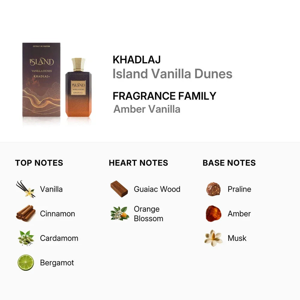 Khadlaj Island Vanilla Dunes Extrait de Parfum bottle featuring amber vanilla scent, unisex fragrance, 3.4 oz, by Spacewallart.