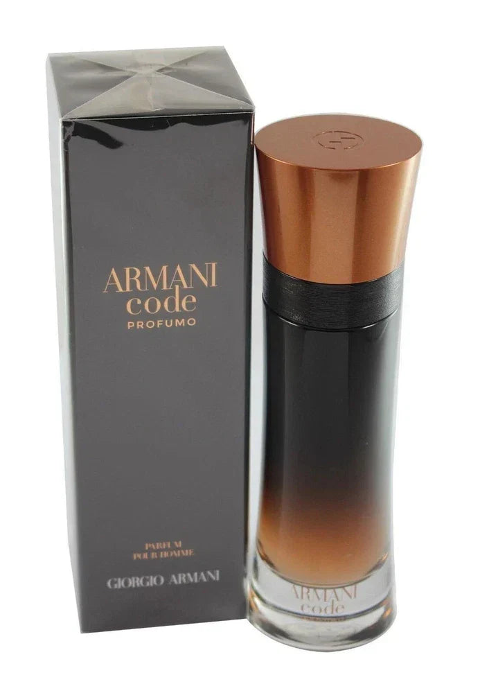 Sealed Giorgio Armani Code Parfum for Men, 3.7 oz, featuring elegant bottle design and luxurious fragrance presentation.
