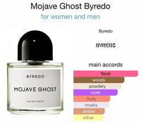 Byredo Mojave Ghost unisex Eau de Parfum spray in 3.3 oz bottle, sleek design with minimalist label, on a neutral background.
